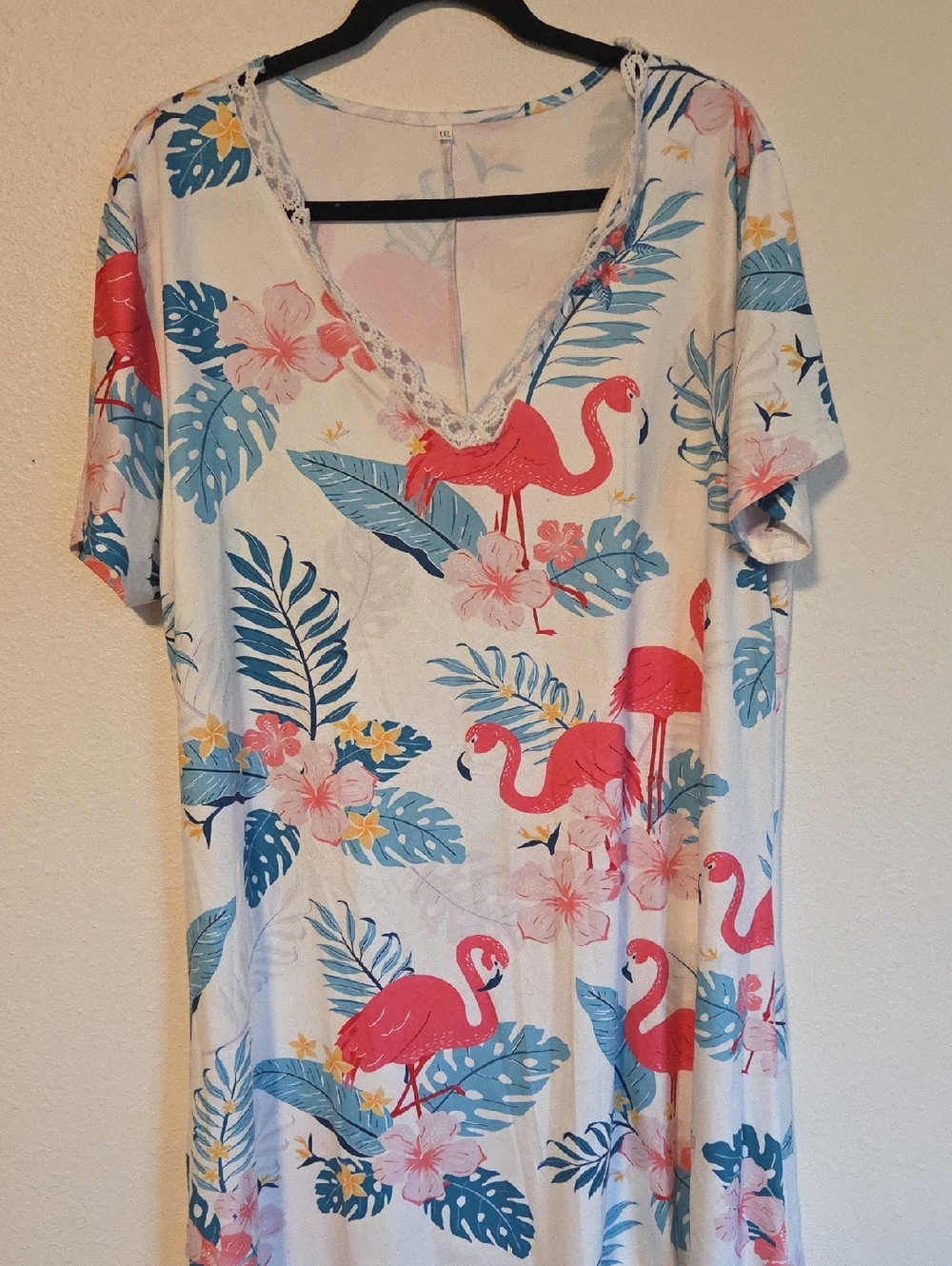 Tropical Flamingo V-Neck Night Gown— Pink & Blue Floral Print
